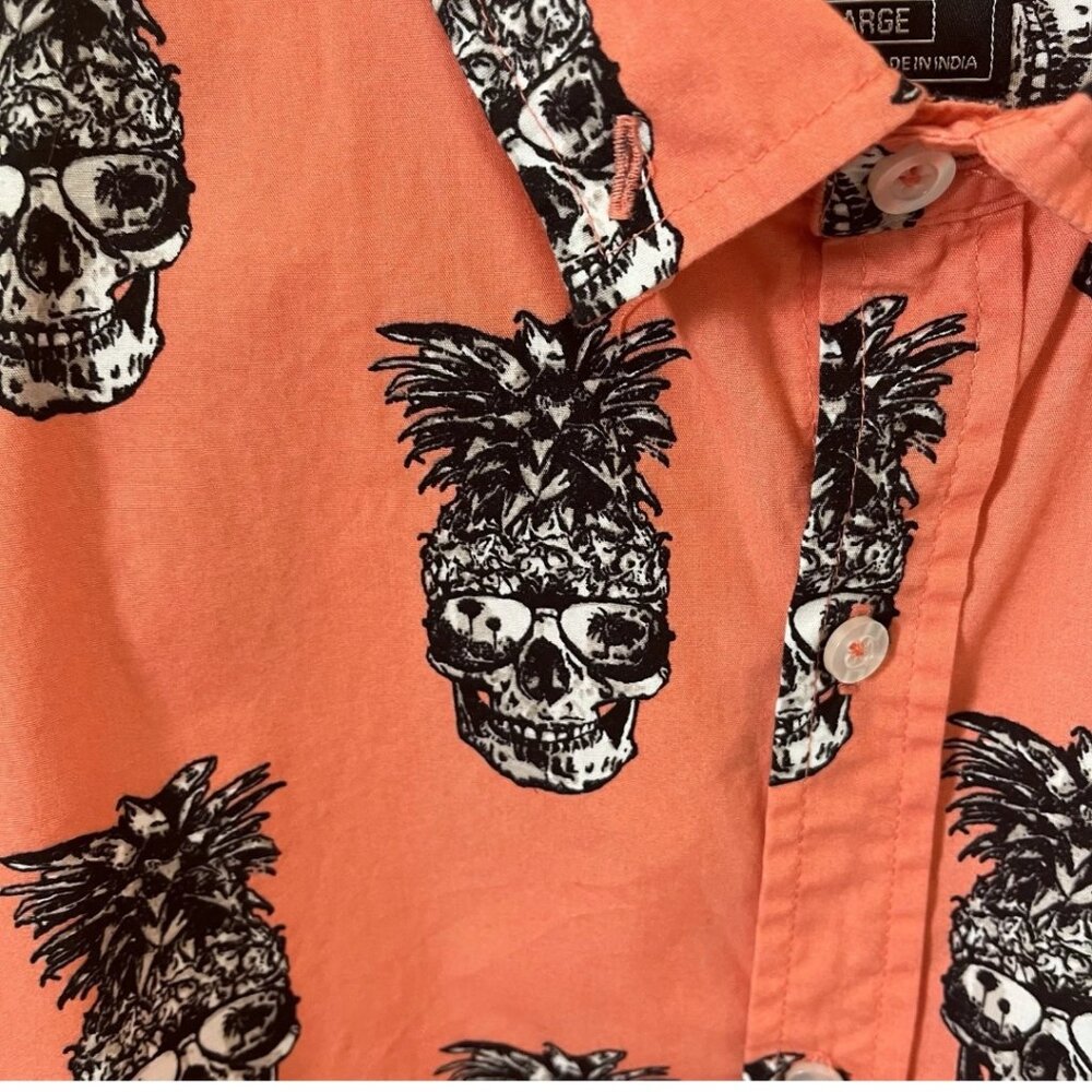 Pineapple Skull Button Down Shirt XL Coral Tropical Novelty Vacation Party - Picture 3 of 16